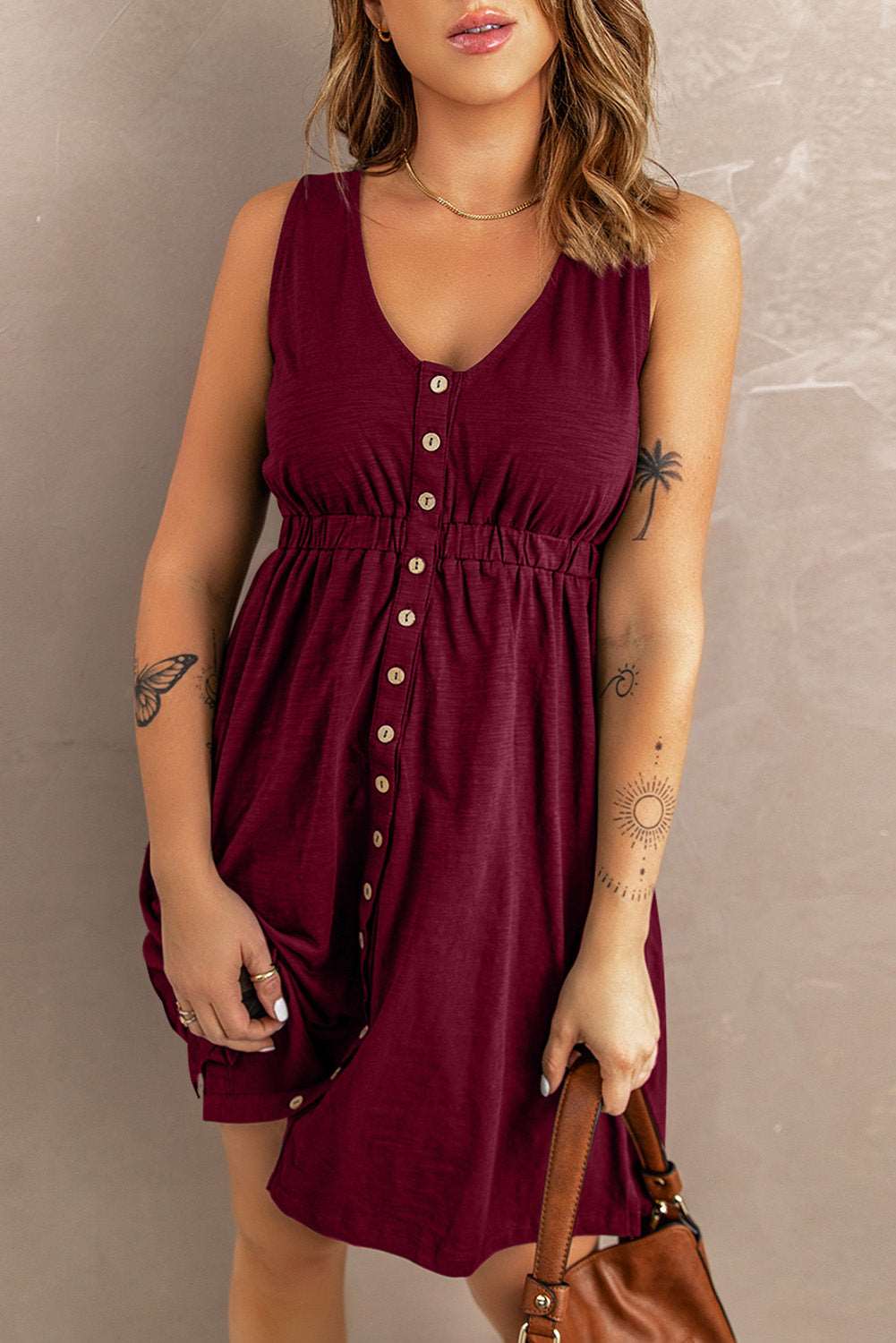 Women's Sleeveless Button-Up Mini Dress - V-Neck - Elastic Waist - Casual Fit