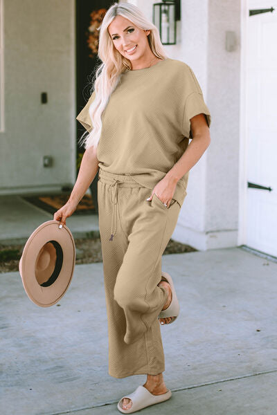 Textured Short Sleeve Top and Pants Set