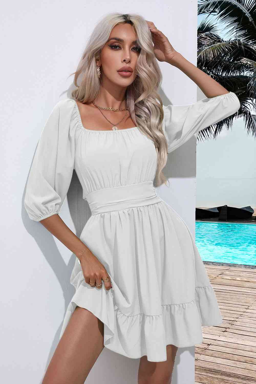 Women's A-Line Dress - Square Neck - 3/4 Sleeve - Ruched Bodice - Tiered Hem