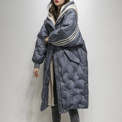 Women's Long Puffer Coat - Hooded Quilted Design - Mid-Calf Length - Down Insulated