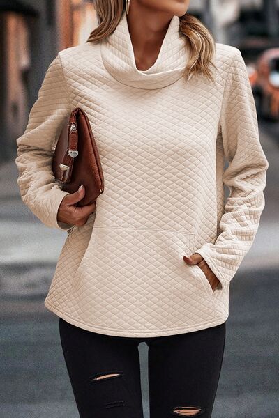 Daniella - waffle turtleneck kangaroo pocket long sleeve sweatshirt