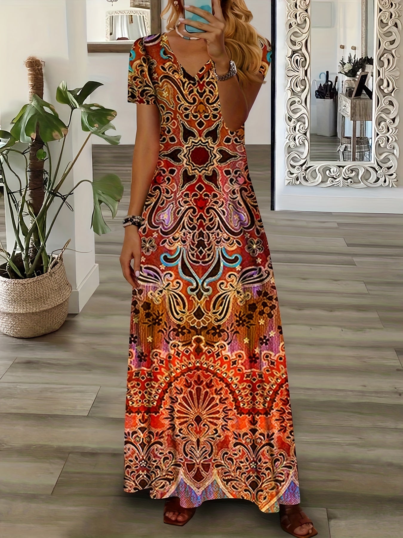 Bohemian ethnic style V-neck short-sleeve maxi dress for women