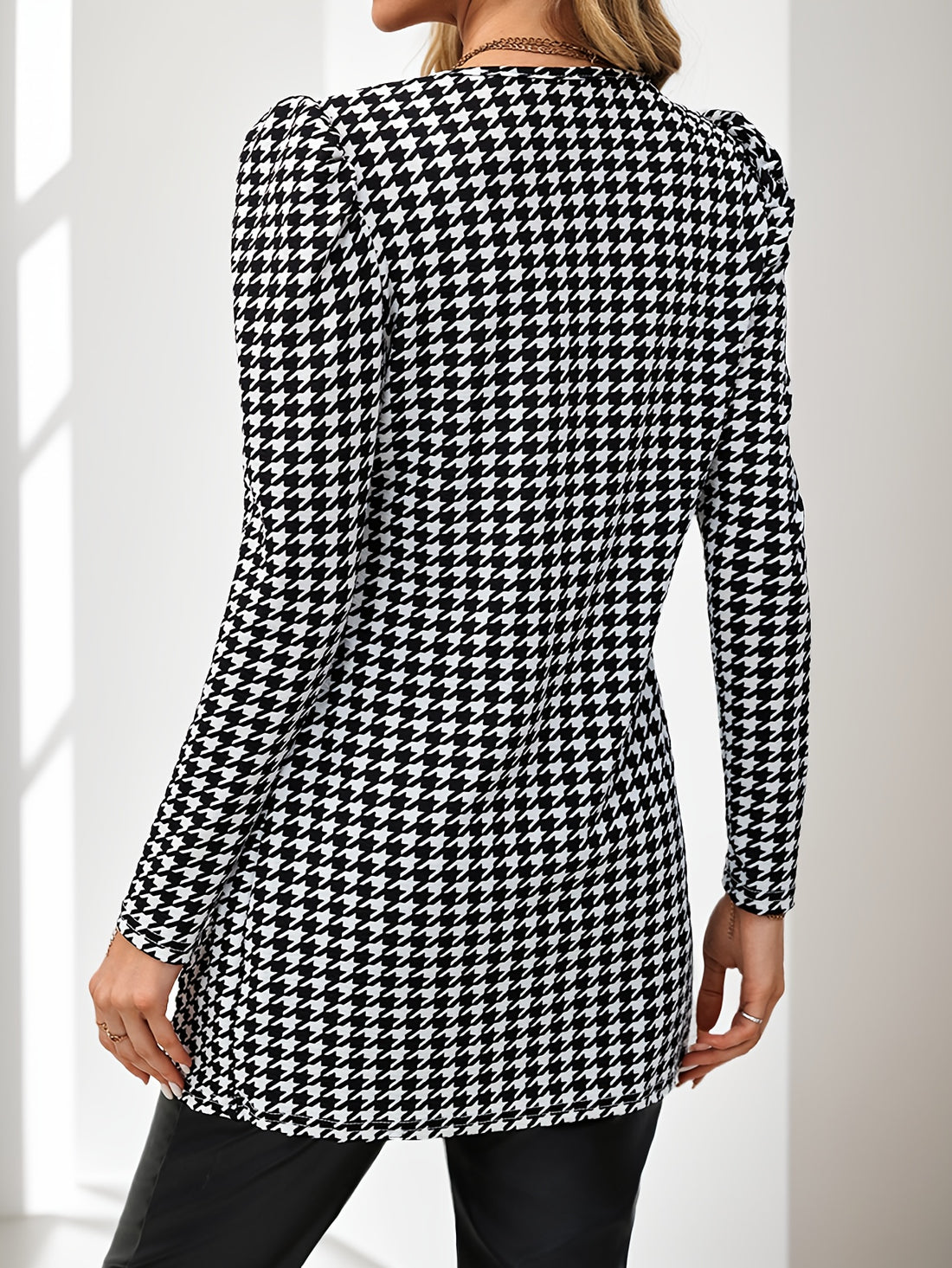 Houndstooth open front longline casual blazer cardigan for women