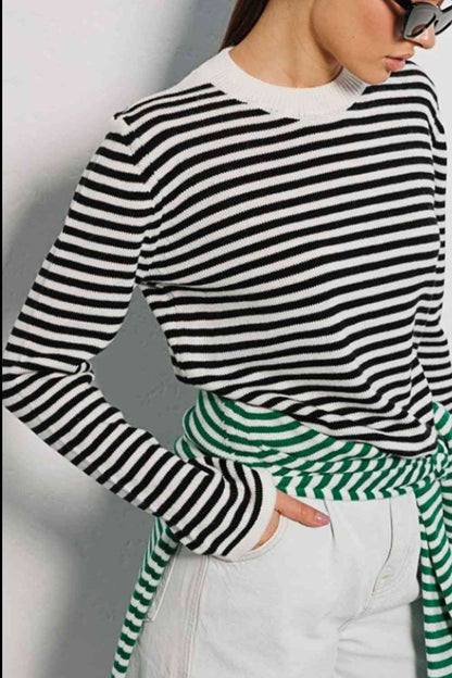Women's striped round neck long sleeve sweater