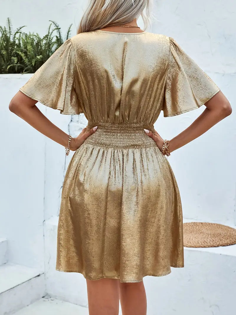 Women's Mini Dress - V-Neck - Flutter Sleeves - Fitted Waist - Shiny Elegant Party Wear