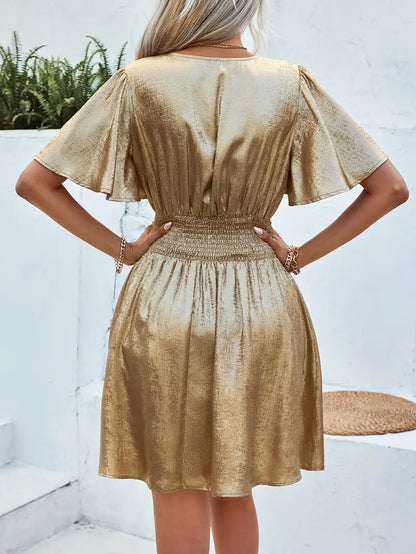 Women's Mini Dress - V-Neck - Flutter Sleeves - Fitted Waist - Shiny Elegant Party Wear