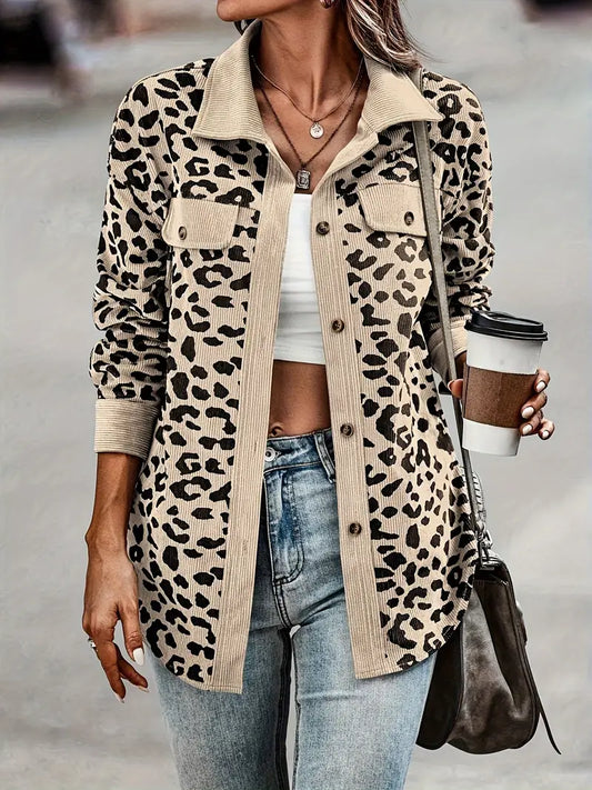 Relaxed Fit Animal Print Corduroy Shacket 