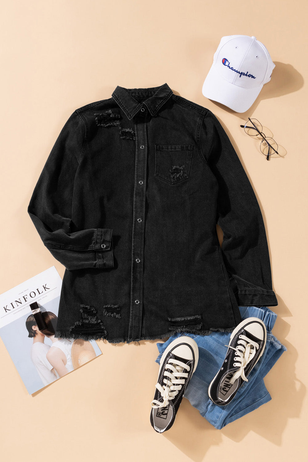 Ripped long sleeve denim jacket for women