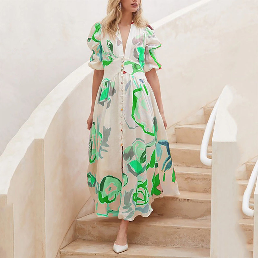 Women's Maxi Dress - V-Neck Button-Down - Puff Sleeve A-Line Flowy Print