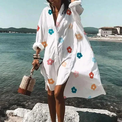 Women’s Shirt Dress - Loose Fit - Long Sleeve Button Down - Casual Beachwear