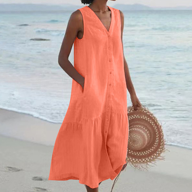 Women's Midi Dress - Sleeveless V-Neck - Button-Down with Pockets - Relaxed Fit