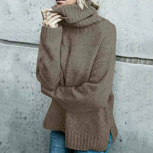 High-Neck Knitted Long-Sleeve Pullover Sweater