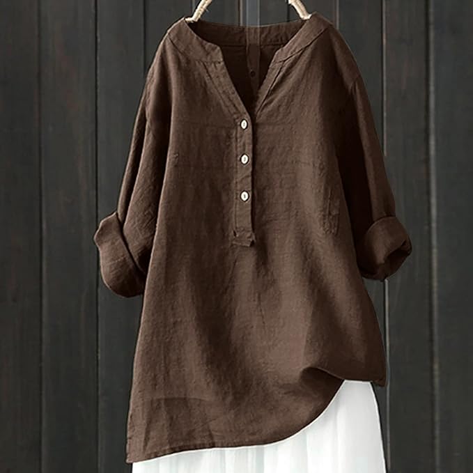 Women's loose solid stand collar button long sleeve shirt