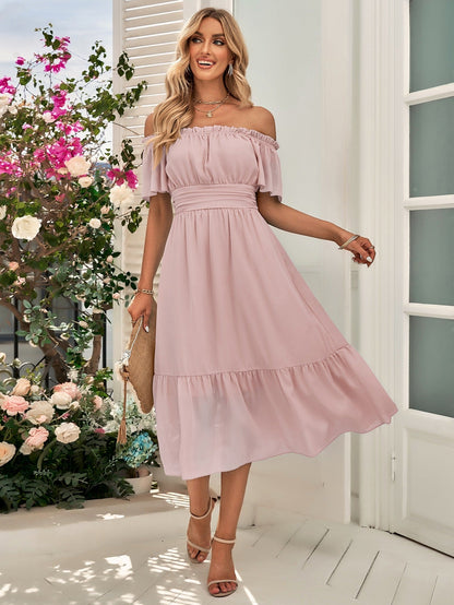 Women's Off-Shoulder Dress - Cinched Waist - Ruffled Hem - Lightweight Elegant Fit