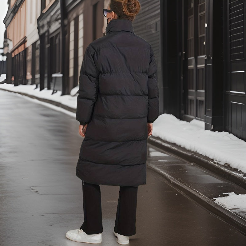 Long women's puffer jacket with high lapel