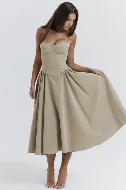 Women’s Midi Dress – Corset Bodice – A-Line Fit – Spaghetti Strap – Breathable Fabric