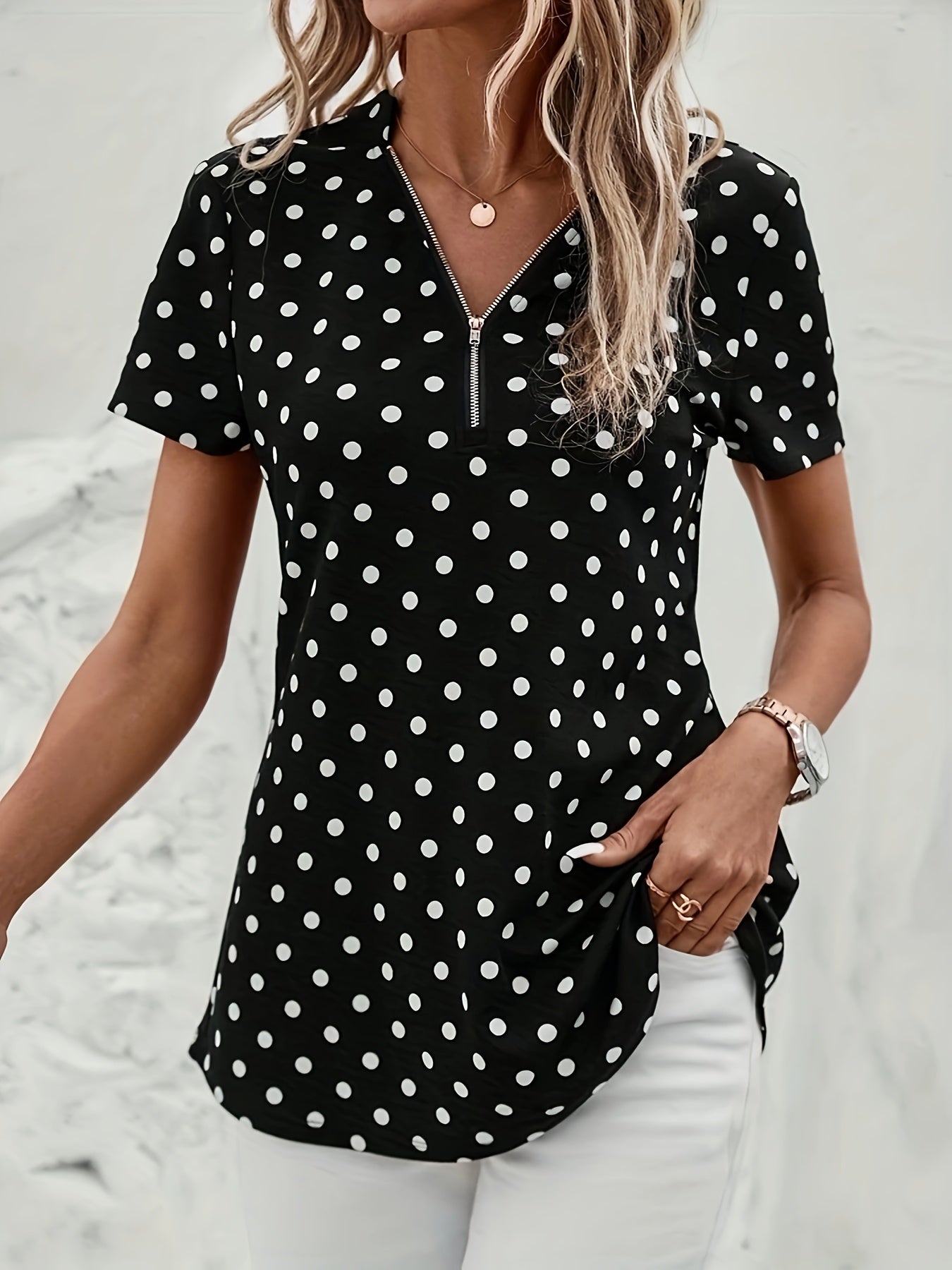 Polka Dot V-Neck Zipper T-Shirt