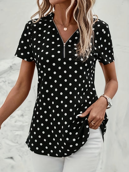 Short-sleeved v-neck zipper t-shirt with polka dots for women