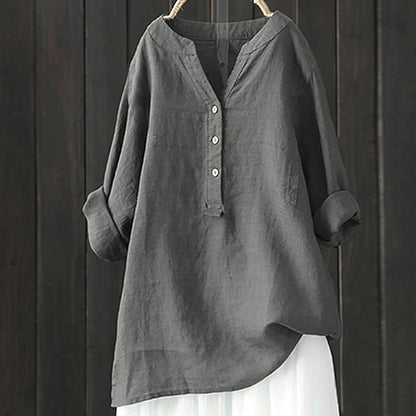 Women's loose solid stand collar button long sleeve shirt