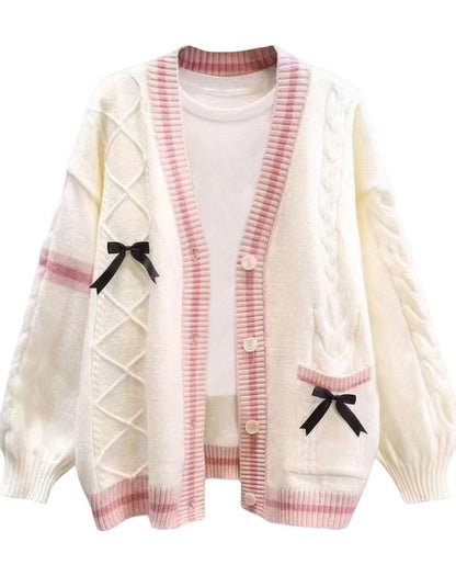 Women’s Cardigan – Relaxed Fit – Soft Knit – Cable Knit – Button Front – Bows