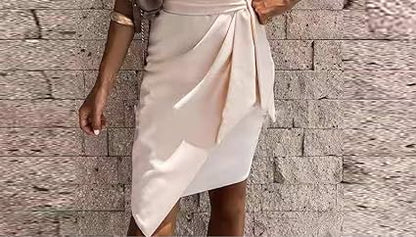 Women's One-Shoulder Dress - Satin Finish - Draped Waist Knot - Elegant Formal Wear