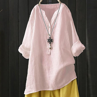Women's loose solid stand collar button long sleeve shirt