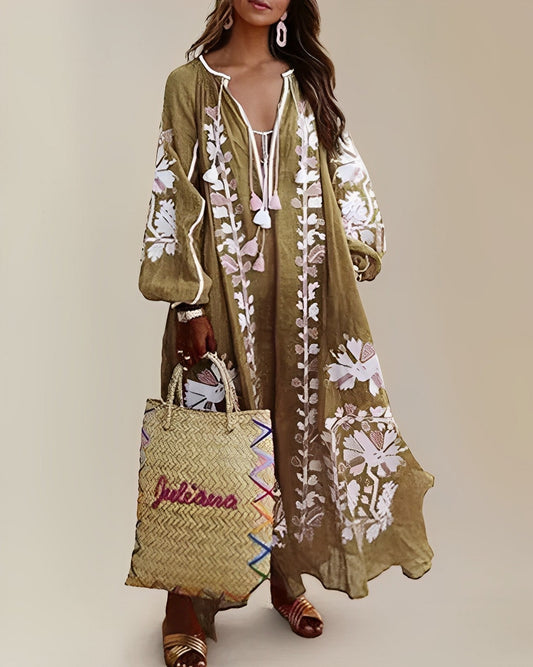 Embroidered Flowy Boho Style Kaftan Dress