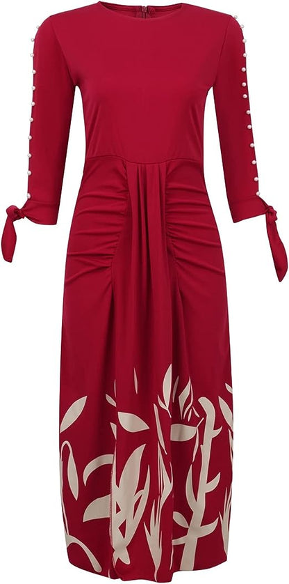 Women’s Midi Dress - Short Sleeve Cut-Out with Bead Detail - Cinched Waist - Floral Print
