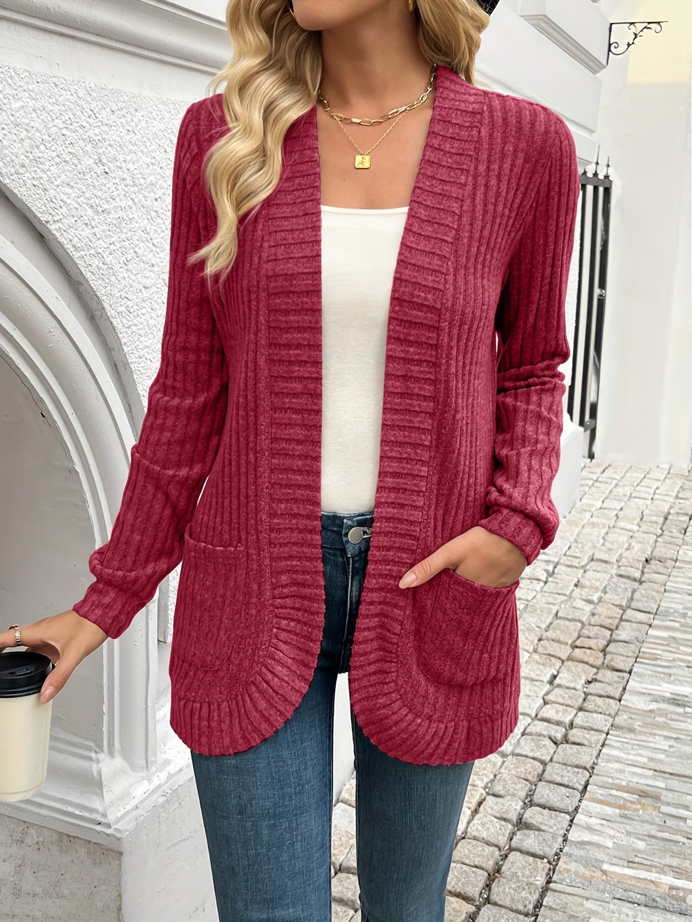 Open-front ribbed knit cardigan with long sleeves for women