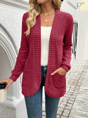 Open-front ribbed knit cardigan with long sleeves for women