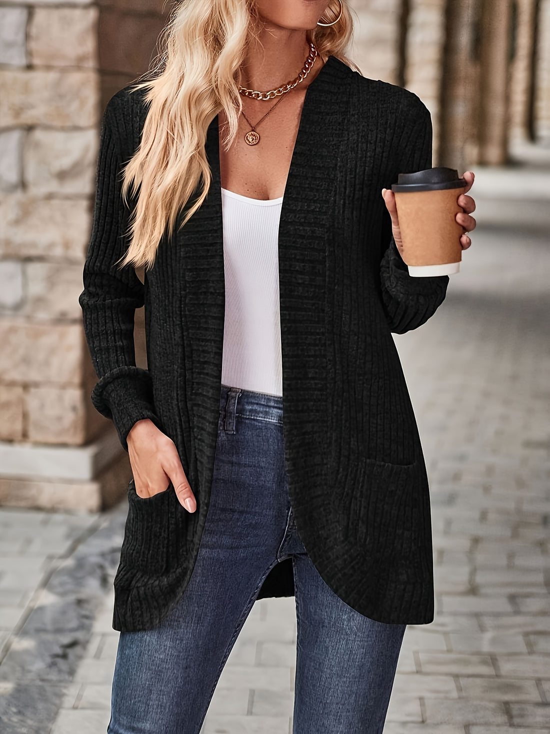 Open front ribbed longline casual cardigan sweater for women