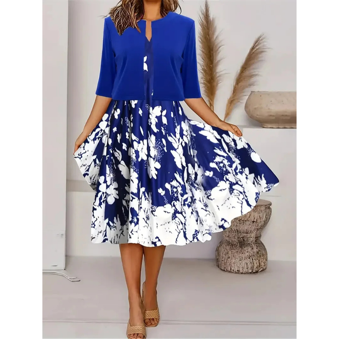 Women’s Long Dress – Fit and Flare – Keyhole Neck – Bold Floral Print – Breathable Blend