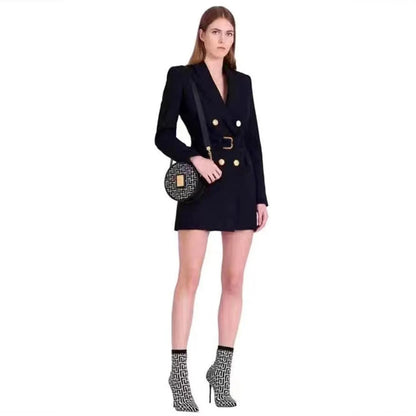 Women's Blazer Dress - Double Breasted - Tailored Fit - Waist Belt - Long Sleeve