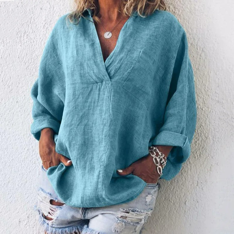 Women's Oversized Linen Blouse - V-Neck Collared - Long Sleeve Lightweight Casual Wear