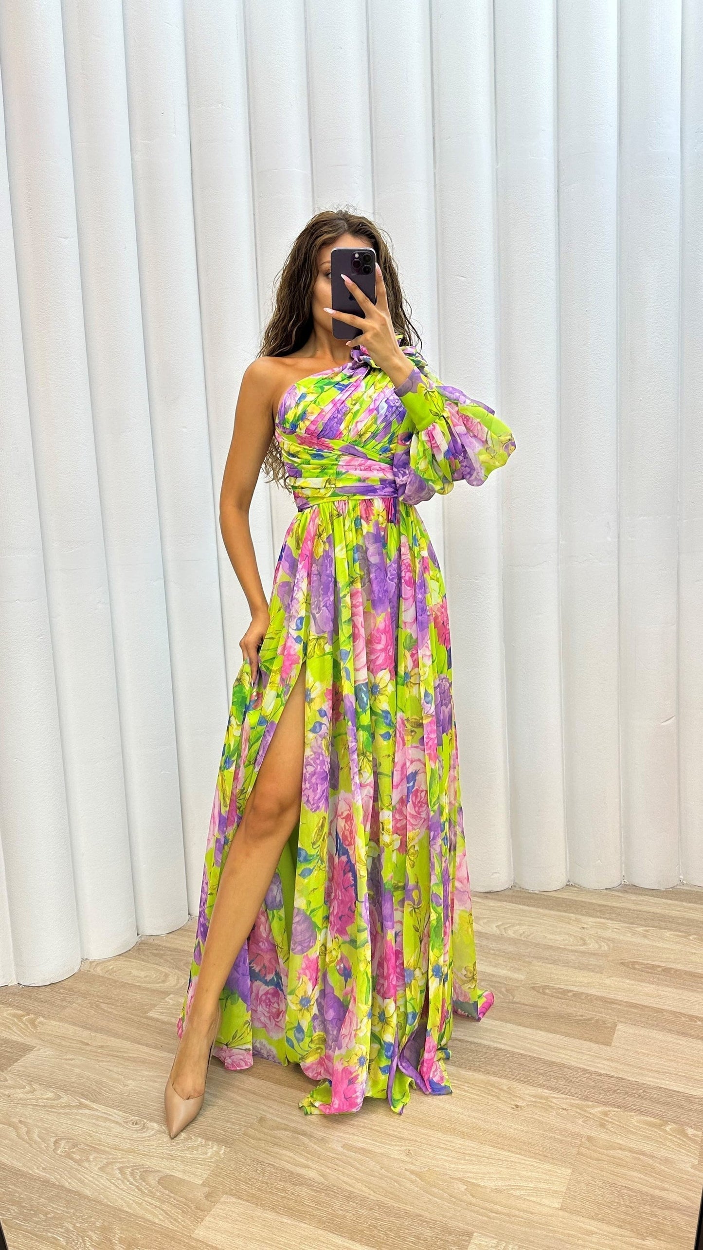 Women’s Maxi Dress – One Shoulder – Floral Print – High Slit – Luxury Fabric