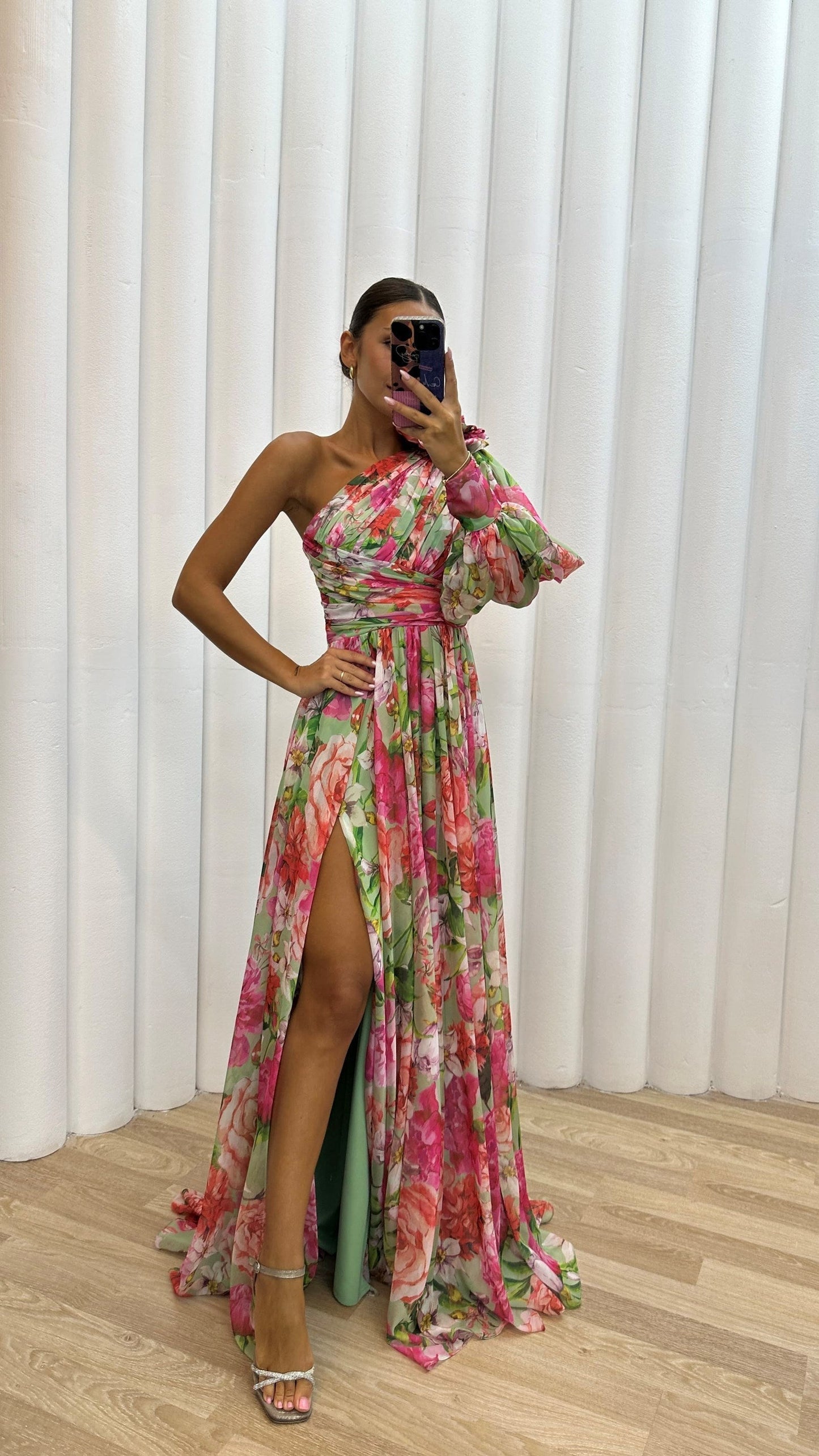 Women’s Maxi Dress – One Shoulder – Floral Print – High Slit – Luxury Fabric