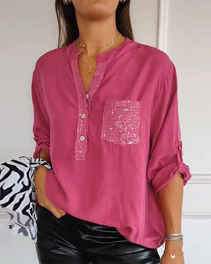 Women's Blouse - V-Neck Button Front - Sequin Detail - Rolled Sleeve Casual Fit