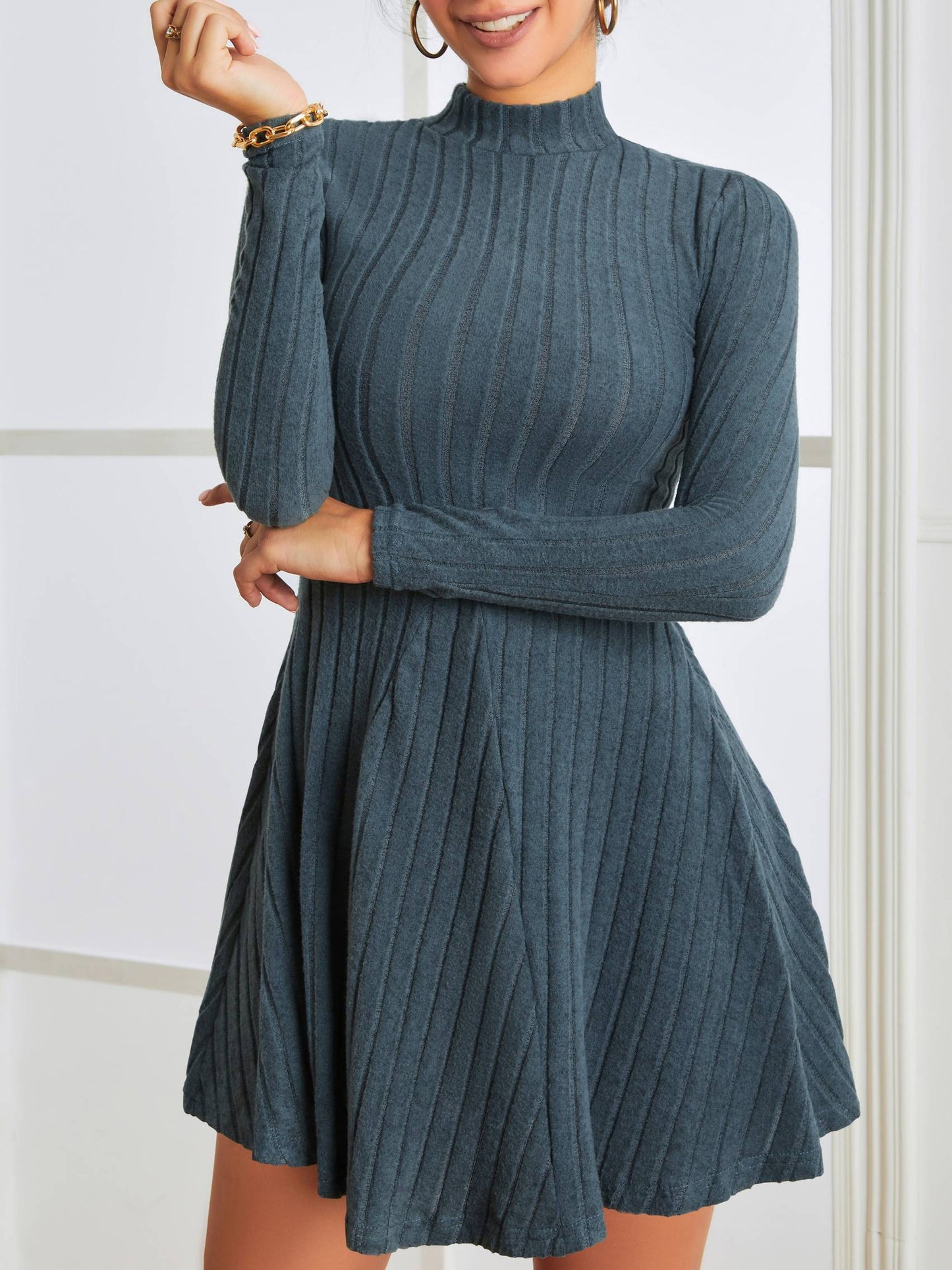 Women's Ribbed Knit Dress - Fit-and-Flare - Long Sleeve Mock Neck Elegant Style