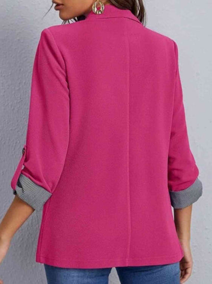 Women's Tailored Blazer - Notched Lapel - Three-Quarter Roll-Tab Sleeves - Open Front