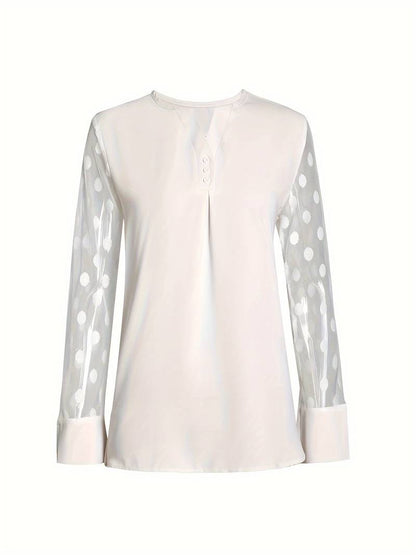 Women's Blouse - Sheer Polka Dot Sleeves - Round Neck - Relaxed Fit Stylish Wear