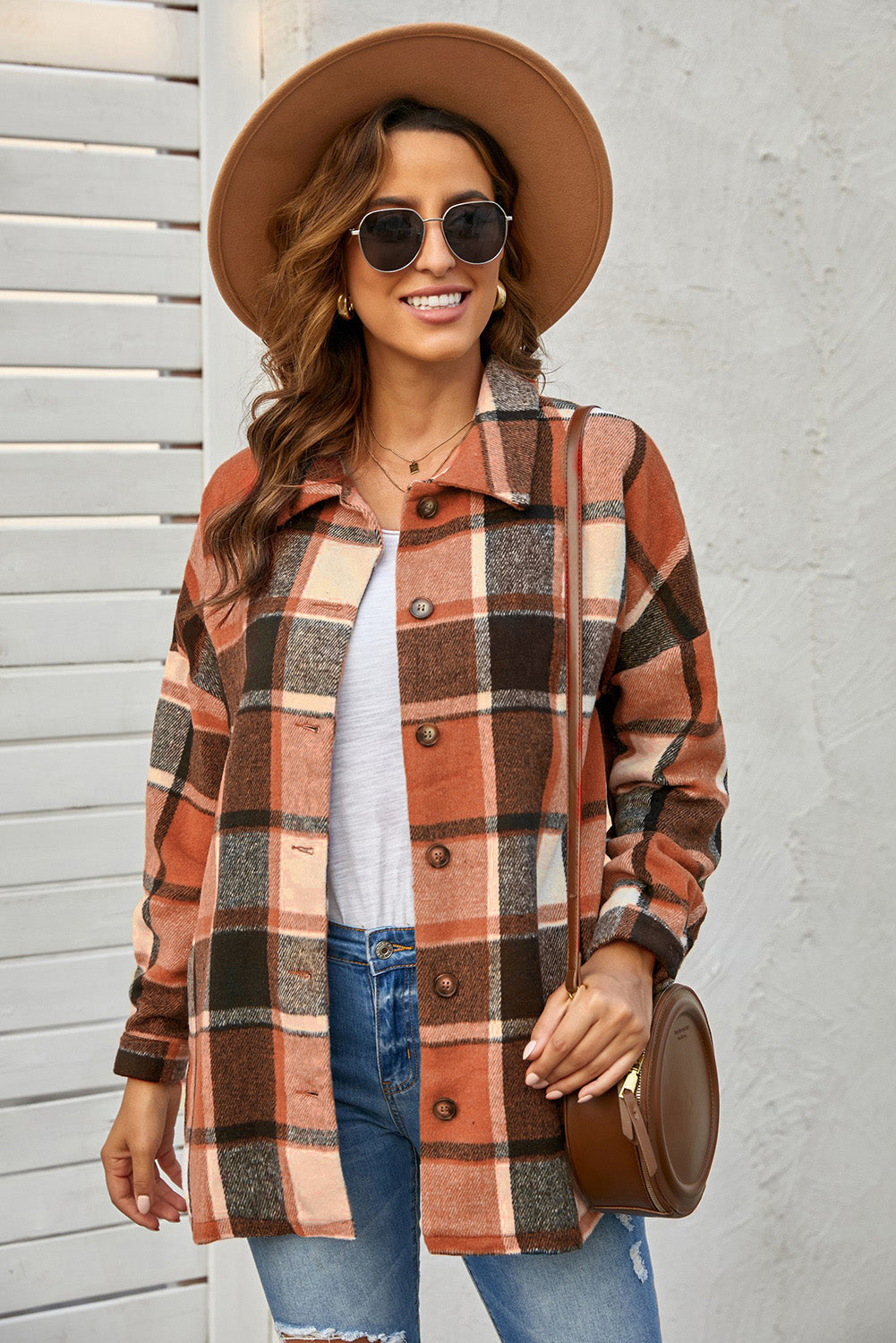 Plaid long-sleeved cardigan coat with lapel collar for women