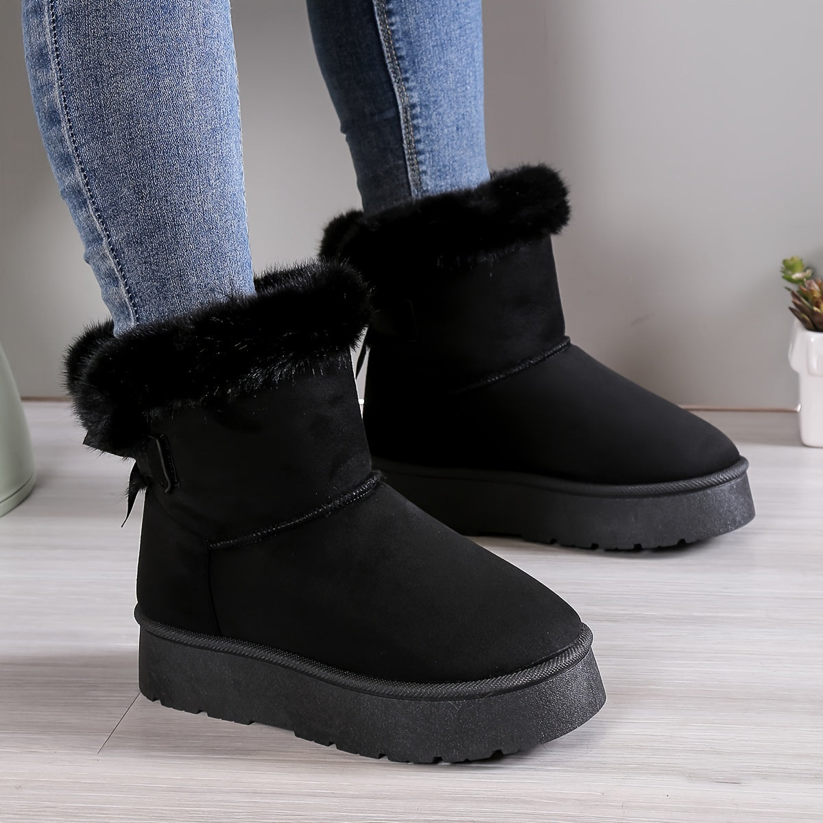 Women's stylish mid-top fleece and padded plush boots with bow knot