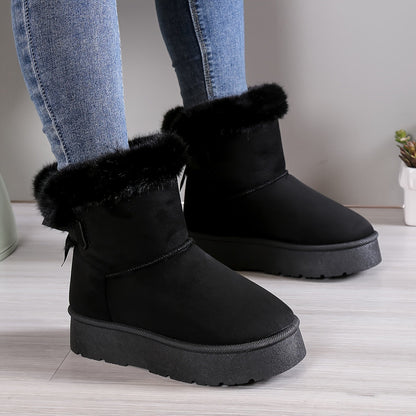 Women's stylish mid-top fleece and padded plush boots with bow knot