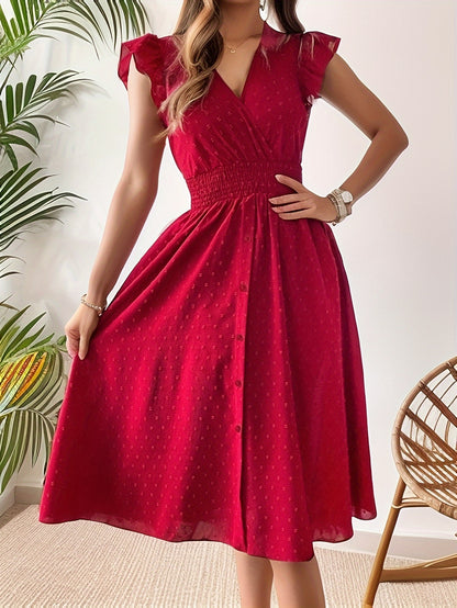 Women's Midi Dress - V-Neck Button Down - Flutter Sleeve - Shirred Waist - A-Line Flow