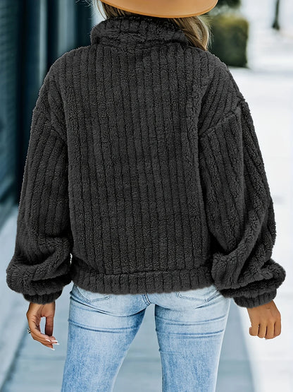 Women's thick ribbed plush lapel coat with pockets