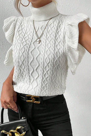 Women cable knit turtleneck cap sleeve top