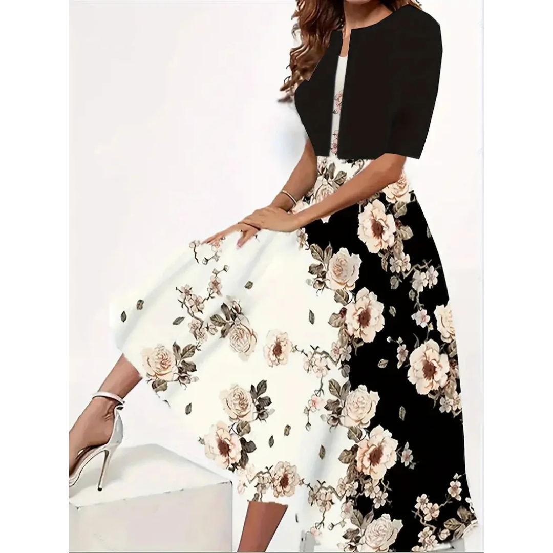 Women’s Long Dress – Fit and Flare – Keyhole Neck – Bold Floral Print – Breathable Blend