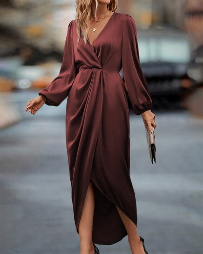 Women's Wrap Dress - Deep V-Neck - Long Puff Sleeves - Ruched Waist - Asymmetrical Hem