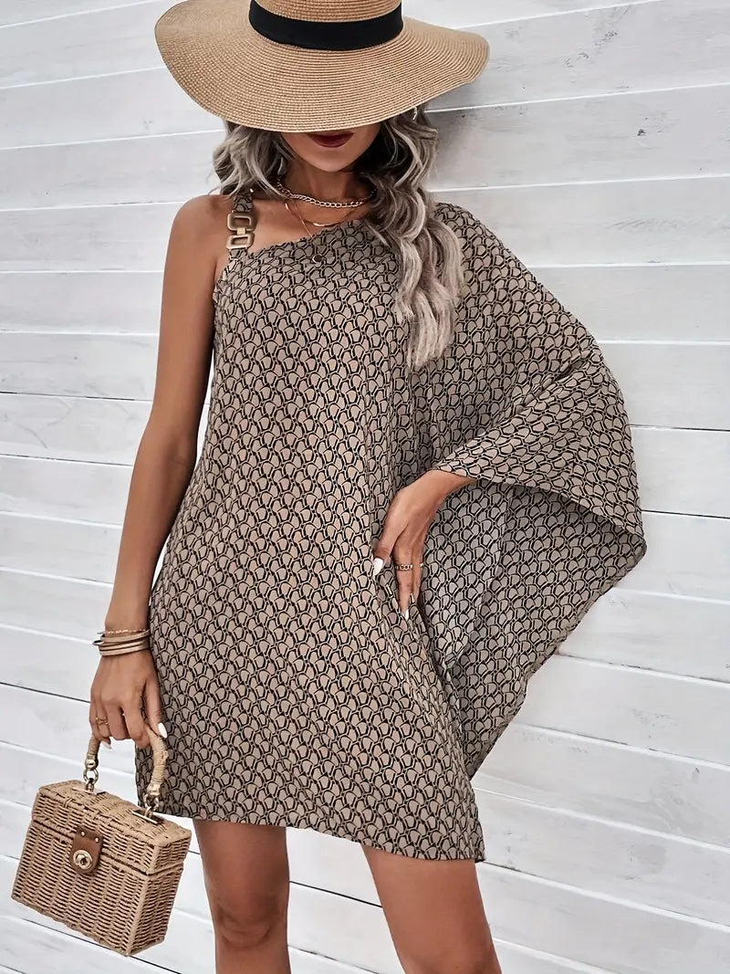 Women's One-Shoulder Dress - Knee-Length - Relaxed Fit - Draped Sleeve Elegant Design