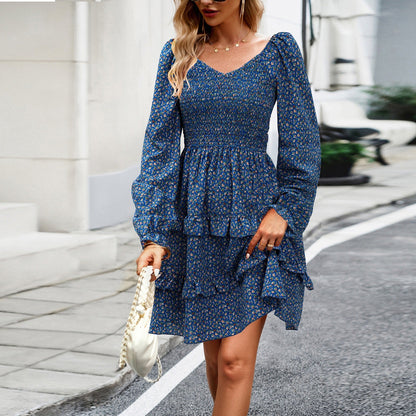 Women's Dress - Smocked Bodice - V-Neck - Long Sleeve Tiered Ruffle Skirt